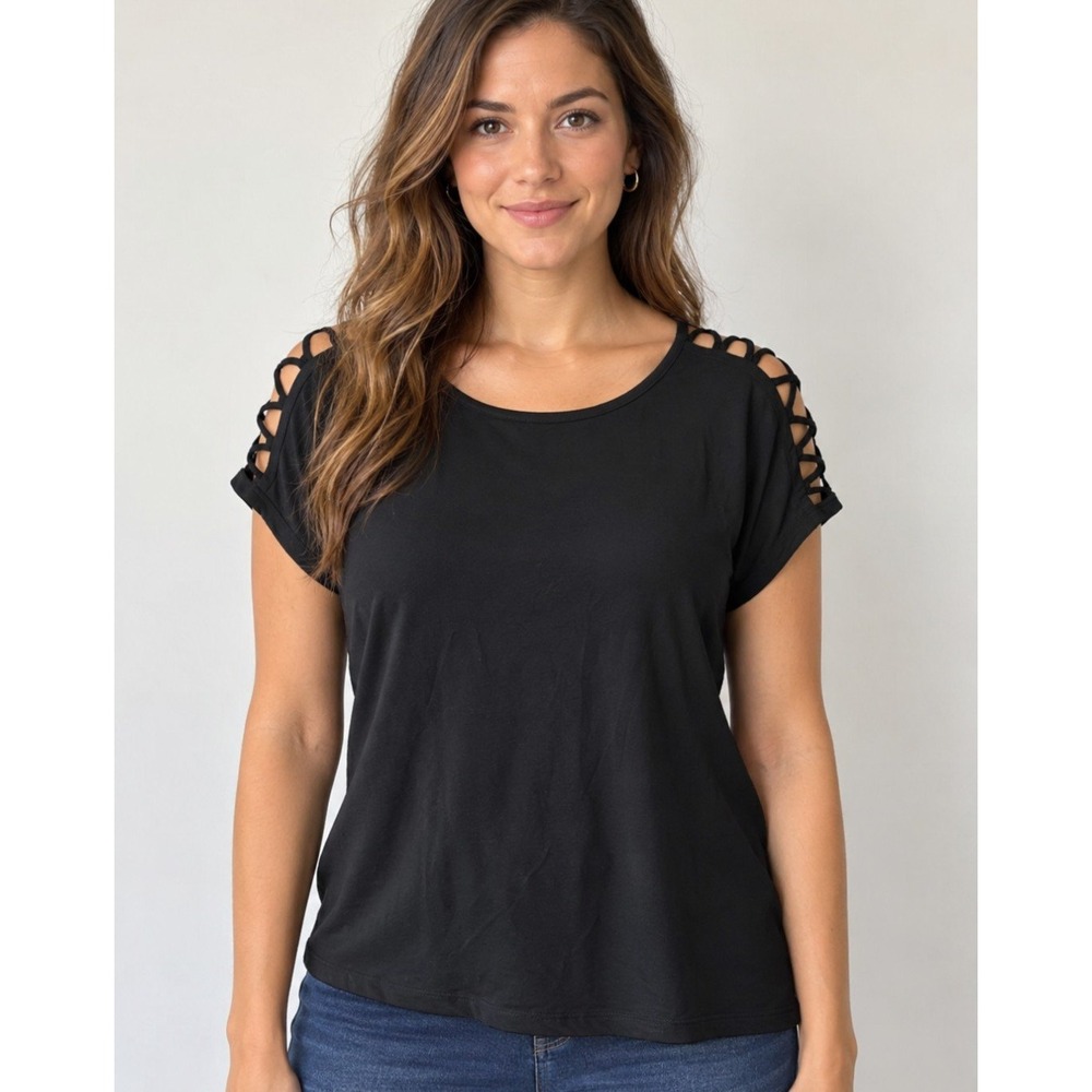 Tahari L Black Lattice Cutout Shoulder Short Sleeve Cage Detail Blouse Casual